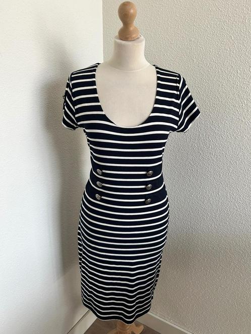 Question? maat L marine streepjes jurk 2340, Kleding | Dames, Jurken, Zo goed als nieuw, Maat 42/44 (L), Blauw, Knielengte, Ophalen of Verzenden