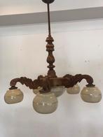 oude houten hanglamp met 5 glazen bollen, Antiek en Kunst, Antiek | Lampen, Ophalen