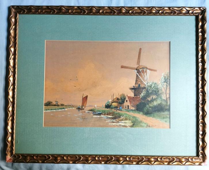 Aquarel Rivierlandschap J.G. Drost ca. 1890, Antiek en Kunst, Kunst | Schilderijen | Klassiek, Ophalen of Verzenden