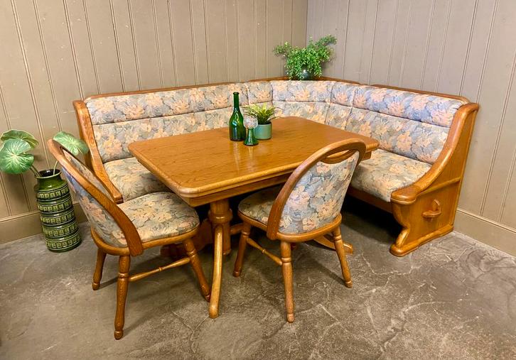Echte duitse eethoek oostenrijkse zithoek tiroler hoekset, Huis en Inrichting, Banken | Complete zithoeken, Gebruikt, Hout, Stof