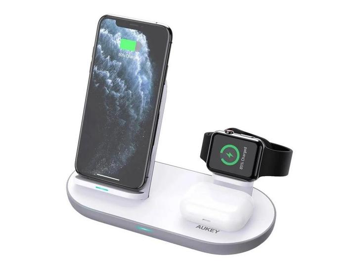 Aukey Aircore 3 in 1 draadloze oplader Wit, Telecommunicatie, Mobiele telefoons | Telefoon-opladers, Nieuw, Apple iPhone, Ophalen of Verzenden