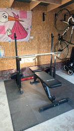 Squat-/Bankdrukrek met Gewichten en Bank, Sport en Fitness, Fitnessmaterialen, Ophalen, Zo goed als nieuw, Benen, Halterset