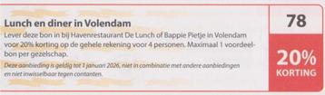 Lunch en diner in Volendam. 20% korting. Postcode bon nr 78. beschikbaar voor biedingen