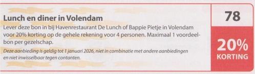 Lunch en diner in Volendam. 20% korting. Postcode bon nr 78., Tickets en Kaartjes, Kortingen en Cadeaubonnen, Drie personen of meer