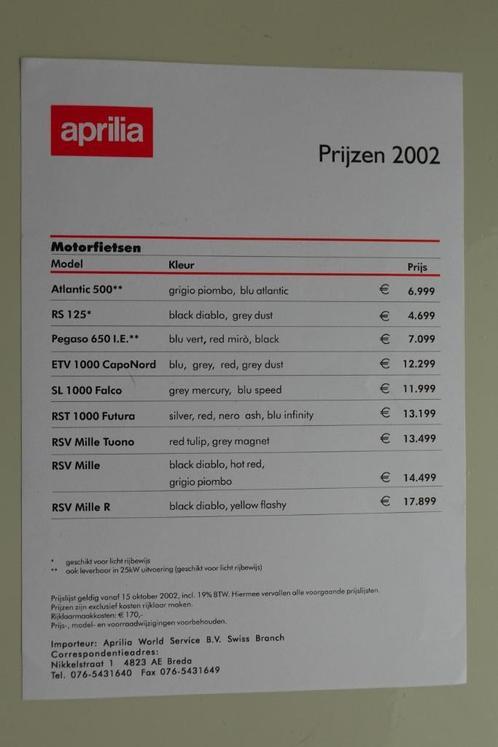 2002 Aprilia prijslijst Atlantic Falco CapoNord Futura Mille, Motoren, Handleidingen en Instructieboekjes, Overige merken, Ophalen of Verzenden