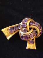 Strik broche - 18 krt. Goud - Met 16 amethisten - Italië '60, 4 tot 7 cm, N.v.t., N.v.t., Ophalen of Verzenden