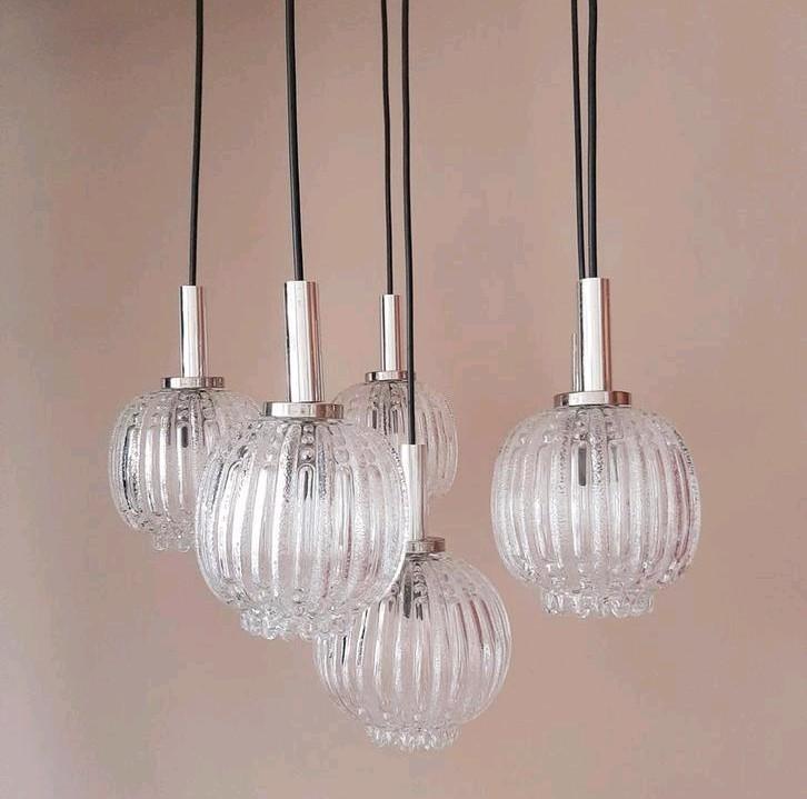 Vintage hanglamp | Vintage kroonluchter | Vintage bollamp, Huis en Inrichting, Lampen | Kroonluchters, Zo goed als nieuw, Glas
