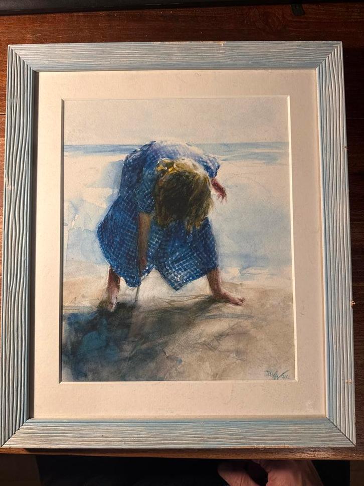 Aquarel Tekenen in het zand van Dorry van de Winkel, Antiek en Kunst, Kunst | Tekeningen en Foto's, Ophalen