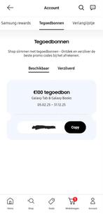 €100 Samsung tegoedbon - Galaxy Tabs en Galaxy Books, Tickets en Kaartjes, Kortingen en Cadeaubonnen, Eén persoon, Kortingsbon