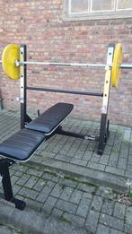 Drukbank met gewichten, trolley en halter, Ophalen, Gebruikt, Armen, Fitnessbank