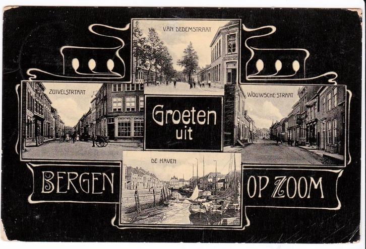 Bergen op Zoom groeten uit 4 vensterkaart 1907 -Jugendstil-, Verzamelen, Ansichtkaarten | Nederland, Gelopen, Noord-Brabant, Voor 1920