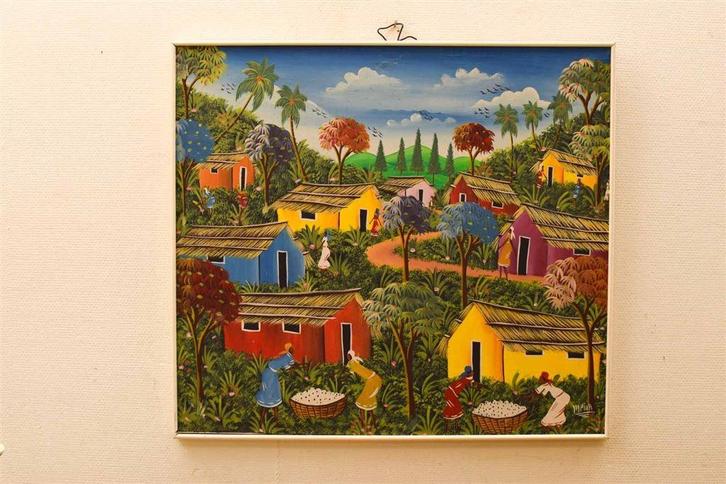 Schilderij van een dorpje in het bos 48473, Huis en Inrichting, Woonaccessoires | Schilderijen, Tekeningen en Foto's, Gebruikt