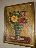 Brocant schilderij vaas met rozen linnen op board, Schilderij, Ophalen of Verzenden