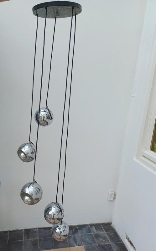 vintage hanglamp met 5 chroom bollen, Huis en Inrichting, Lampen | Hanglampen, Gebruikt, 75 cm of meer, Metaal, Ophalen of Verzenden