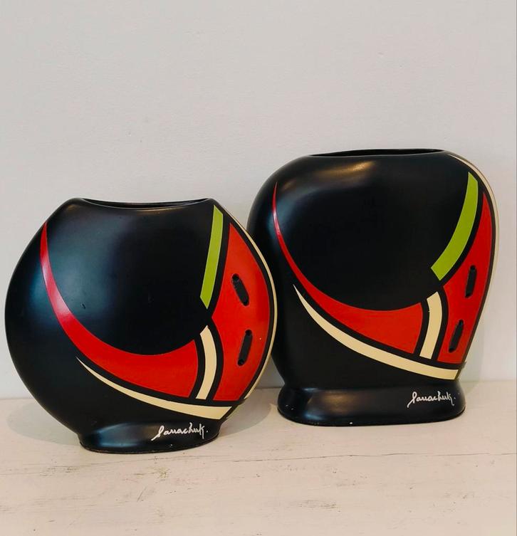 Vintage vazen set jaren 80 gesigneerd, Huis en Inrichting, Woonaccessoires | Vazen, Gebruikt, Zwart, Minder dan 50 cm, Aardewerk of Porselein