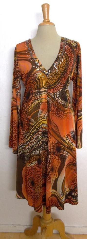 Oranje/bruin bewerkte print jurk! L beschikbaar voor biedingen