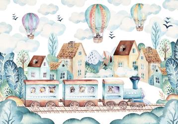 Trein en luchtballon vlies behang kinderkamer, Muurdeco4kids beschikbaar voor biedingen