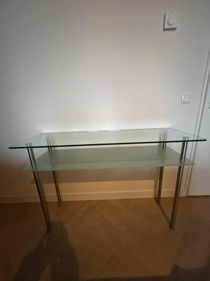 Glazen bijzettafel met RVS poten 120x40x79 cm, Huis en Inrichting, Tafels | Bijzettafels, Zo goed als nieuw, Rechthoekig, 60 cm of meer