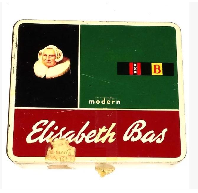 Vintage antiek blikje Sigarendoos Elisabeth Bas modern, Verzamelen, Rookartikelen, Aanstekers en Luciferdoosjes, Gebruikt, Sigarenbandjes