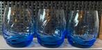3 Blauwe geslepen glazen met verzwaarde bodem. Hoogte 10 cm., Ophalen of Verzenden, Zo goed als nieuw, Overige typen