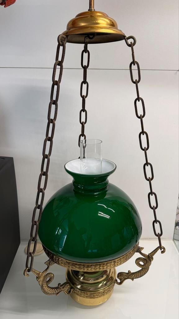 Olie hanglamp met groen glas, Antiek en Kunst, Antiek | Lampen, Ophalen of Verzenden