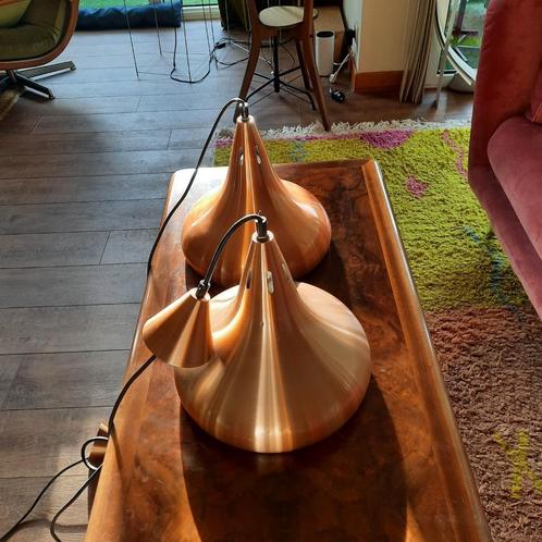 2 vintage koperen hanglampen jaren 60 design 28 cm doorsnee, Huis en Inrichting, Lampen | Hanglampen, Gebruikt, Ophalen of Verzenden