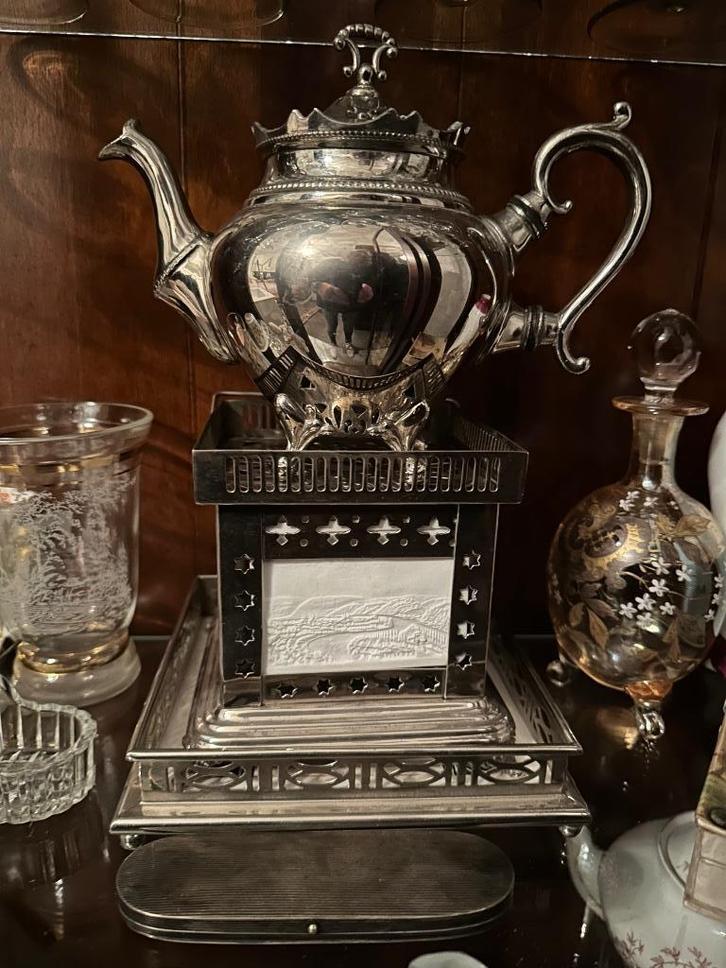 Theepot met brander antiek, Antiek en Kunst, Antiek | Tin, Ophalen of Verzenden