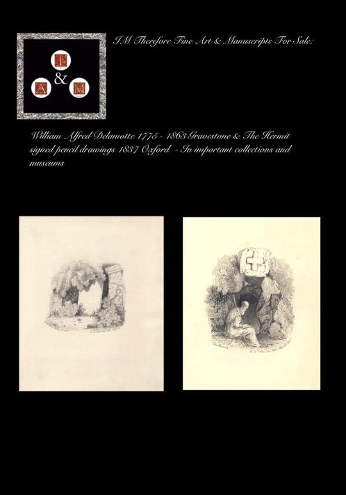 Delamotte Gravestone & The Hermit 2 potlood tekeningen 1837, Antiek en Kunst, Kunst | Tekeningen en Foto's, Verzenden