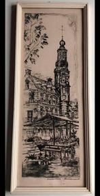 Oude tekening Bloemenmarkt Amsterdam zicht op Munttoren, Antiek en Kunst, Ophalen of Verzenden