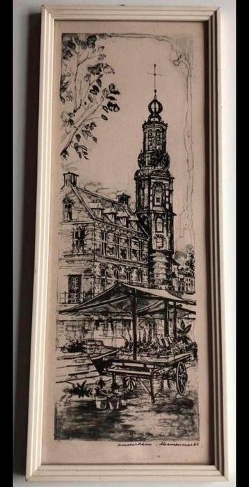 Oude tekening Bloemenmarkt Amsterdam zicht op Munttoren beschikbaar voor biedingen
