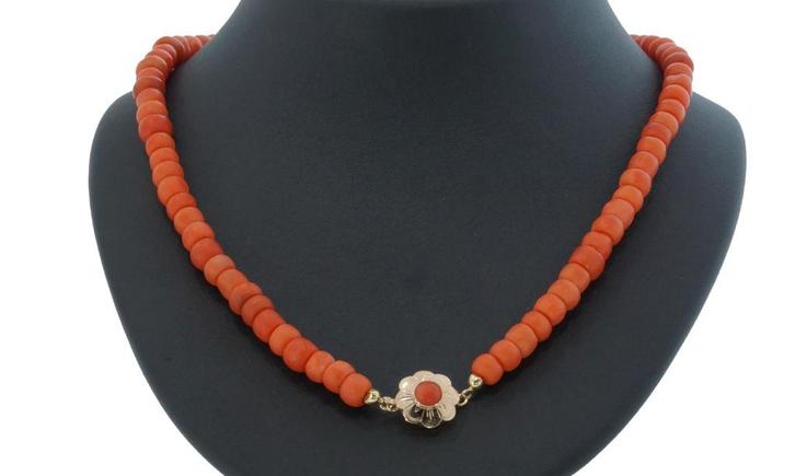 Bloedkoraal antieke ketting fraai 14k gouden bloem slot dame, Sieraden, Tassen en Uiterlijk, Antieke sieraden, Ketting, Goud, Met edelsteen