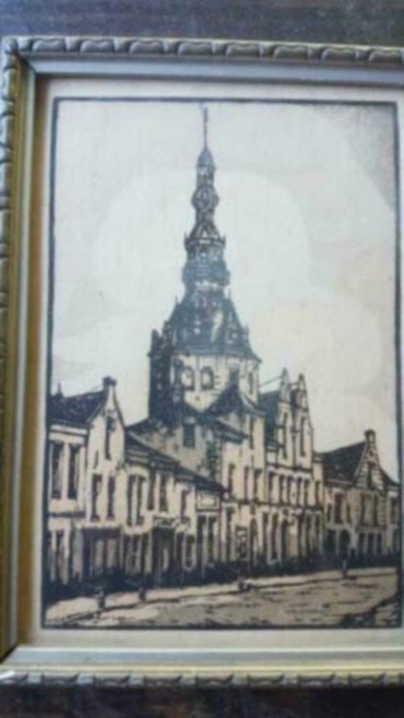 Houtsnede Henri Wils Stadhuis Zierikzee, Antiek en Kunst, Kunst | Etsen en Gravures, Ophalen
