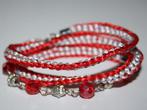 Flat kumihimo armband in rood en zilver met bedels, Ophalen of Verzenden, Nieuw, Rood