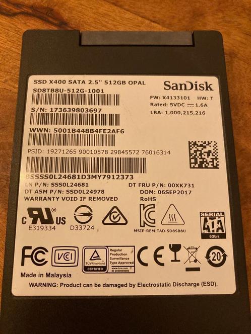 1 x Sandisk X400 / 512GB / SSD / 2,5" / Sata-3', Computers en Software, Harde schijven, Gebruikt, Laptop, Intern, SSD, SATA, Ophalen of Verzenden