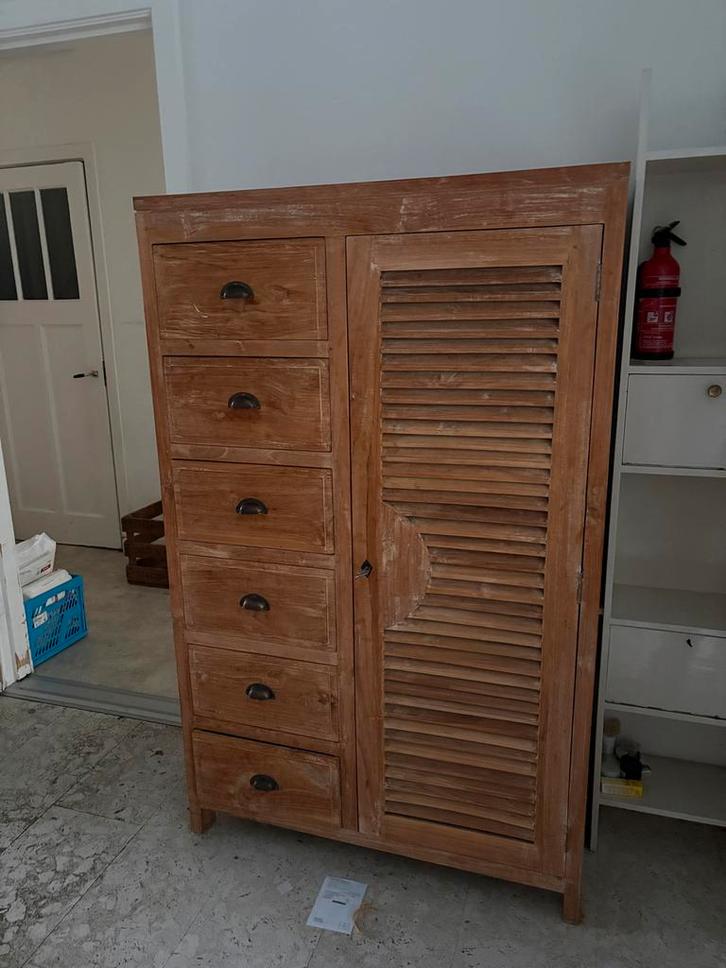 Teakhouten kast met louvredeur en lades - 100x160x45cm, Huis en Inrichting, Kasten | Kledingkasten, Gebruikt, 150 tot 200 cm, 100 tot 150 cm