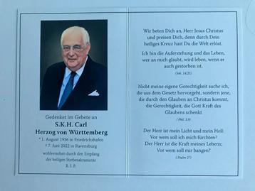 Bidprentje Carl Hertog van Wurttemberg 1936-2022 beschikbaar voor biedingen