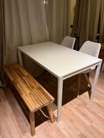 Eettafel met stoelen en bankje, Ophalen, Kunststof, Gebruikt, 100 tot 150 cm