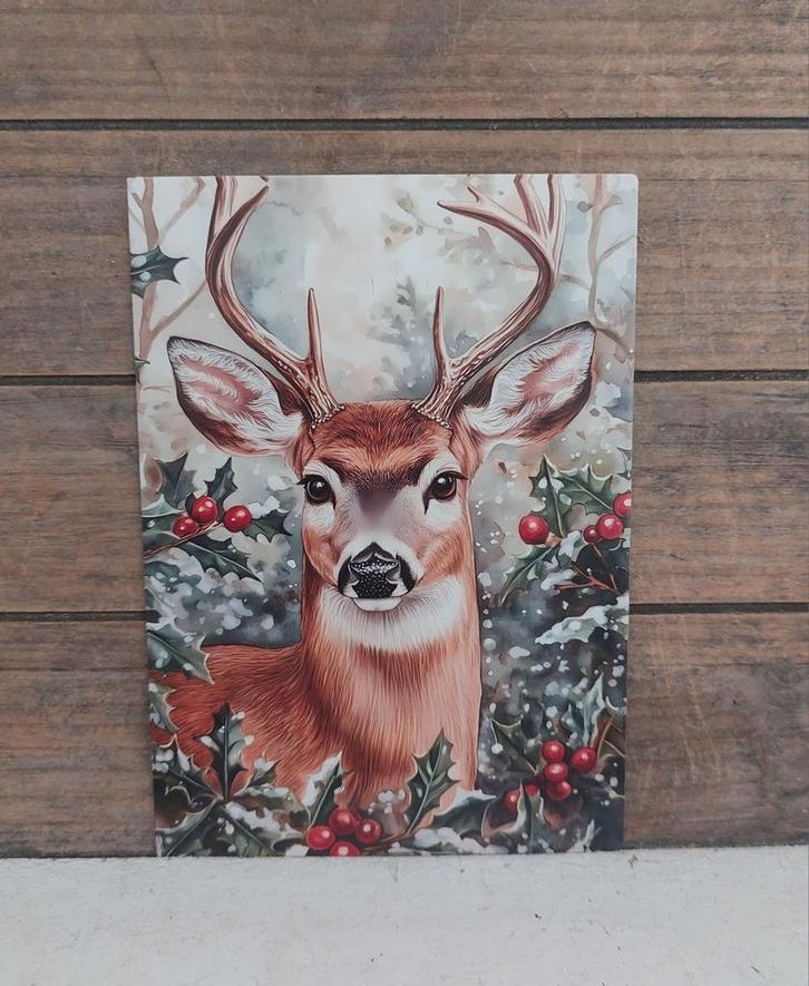 Vintage look kerst-kaart rendier tussen de hulst & sneeuw, Verzamelen, Ansichtkaarten | Themakaarten, Ongelopen, 1980 tot heden