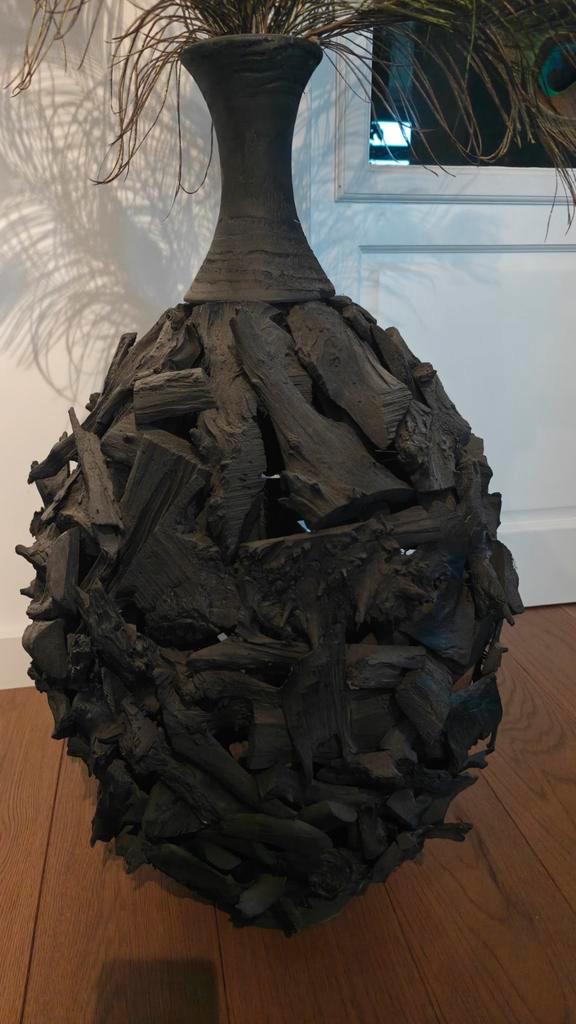 PTMD houten decoratie vaas zwart, Huis en Inrichting, Woonaccessoires | Vazen, Zo goed als nieuw, Zwart, Minder dan 50 cm, Overige materialen