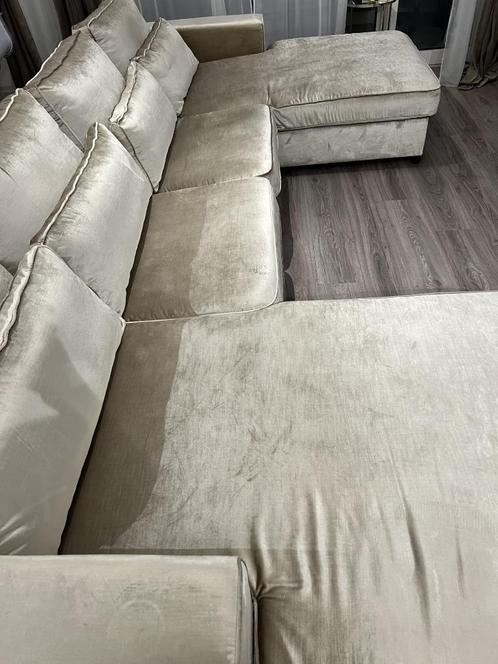 Dubbele lounge champagne Velvet, Huis en Inrichting, Banken | Complete zithoeken, Zo goed als nieuw, Stof, Ophalen