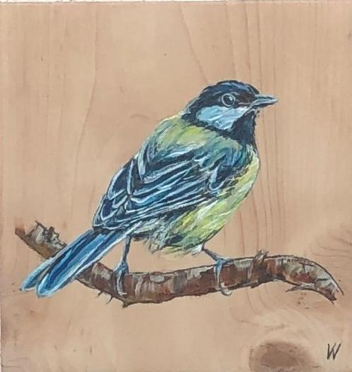Schilderij Koolmees op gebruikt hout, Antiek en Kunst, Kunst | Schilderijen | Modern, Verzenden