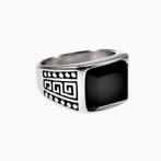 Stalen Grieks-Ring met Zwarte Onyx Steen  - Zegelring Heren, Heer, Nieuw, Esde2, Met edelsteen