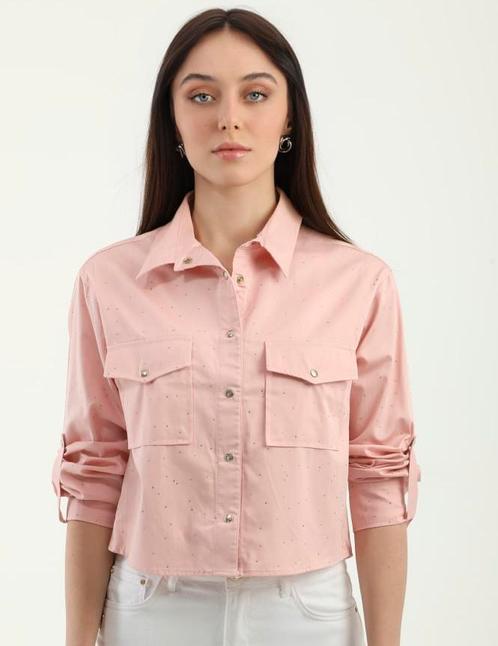 Verkort roze overhemd met steentjes, maat S, Kleding | Dames, Blouses en Tunieken, Nieuw, Maat 36 (S), Roze, Ophalen of Verzenden