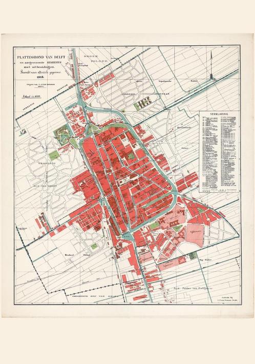 Grote landkaart plattegrond van Delft naar ontwerp uit 1917, Boeken, Atlassen en Landkaarten, Zo goed als nieuw, Landkaart, Wereld