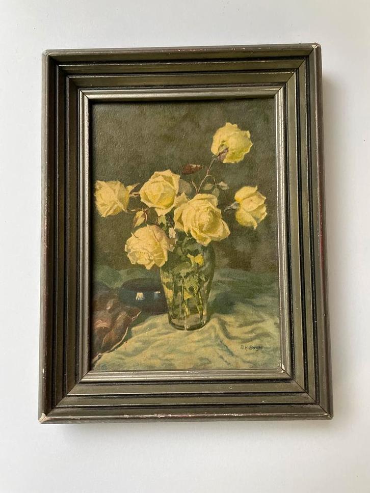 Vintage Schilderij prent Gele Rozen in Vaas, Antiek en Kunst, Kunst | Schilderijen | Klassiek, Ophalen of Verzenden