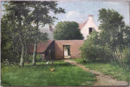 Thomas Van Wissen (1866-1954) - Zicht op tuin met kippen, Antiek en Kunst, Kunst | Schilderijen | Klassiek, Ophalen of Verzenden