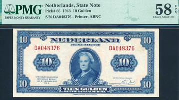 AUNC: PMG 58 EPQ - 10 Gulden 1943 ‘Muntbiljet’ - DA048376 beschikbaar voor biedingen