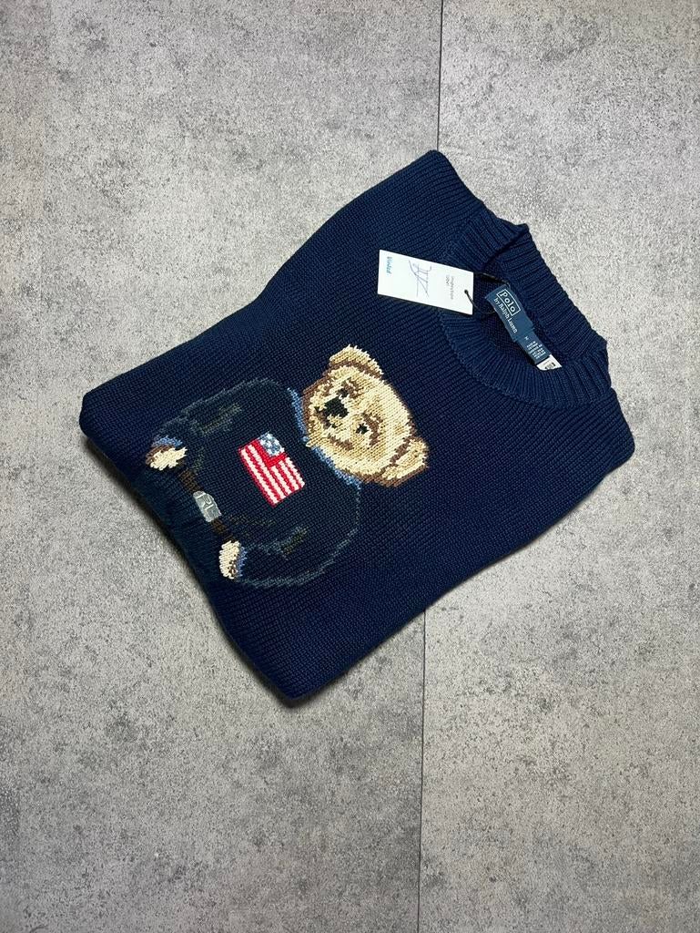Polo Ralph Lauren Gebreide Trui met Beer - Blauw, Ophalen of Verzenden, Zo goed als nieuw, Maat 48/50 (M), Blauw