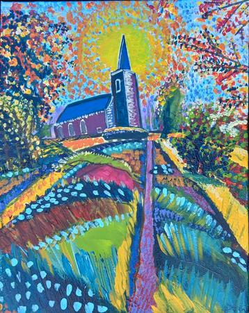 Kerkje van Eenum - Kleurrijk Schilderij beschikbaar voor biedingen