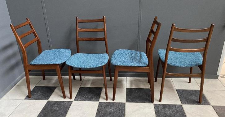 60 jaren CASALA 4 teak eetkamer stoelen nieuwe blauwe stof, Huis en Inrichting, Stoelen, Gebruikt, Vier, Stof, Blauw, Ophalen